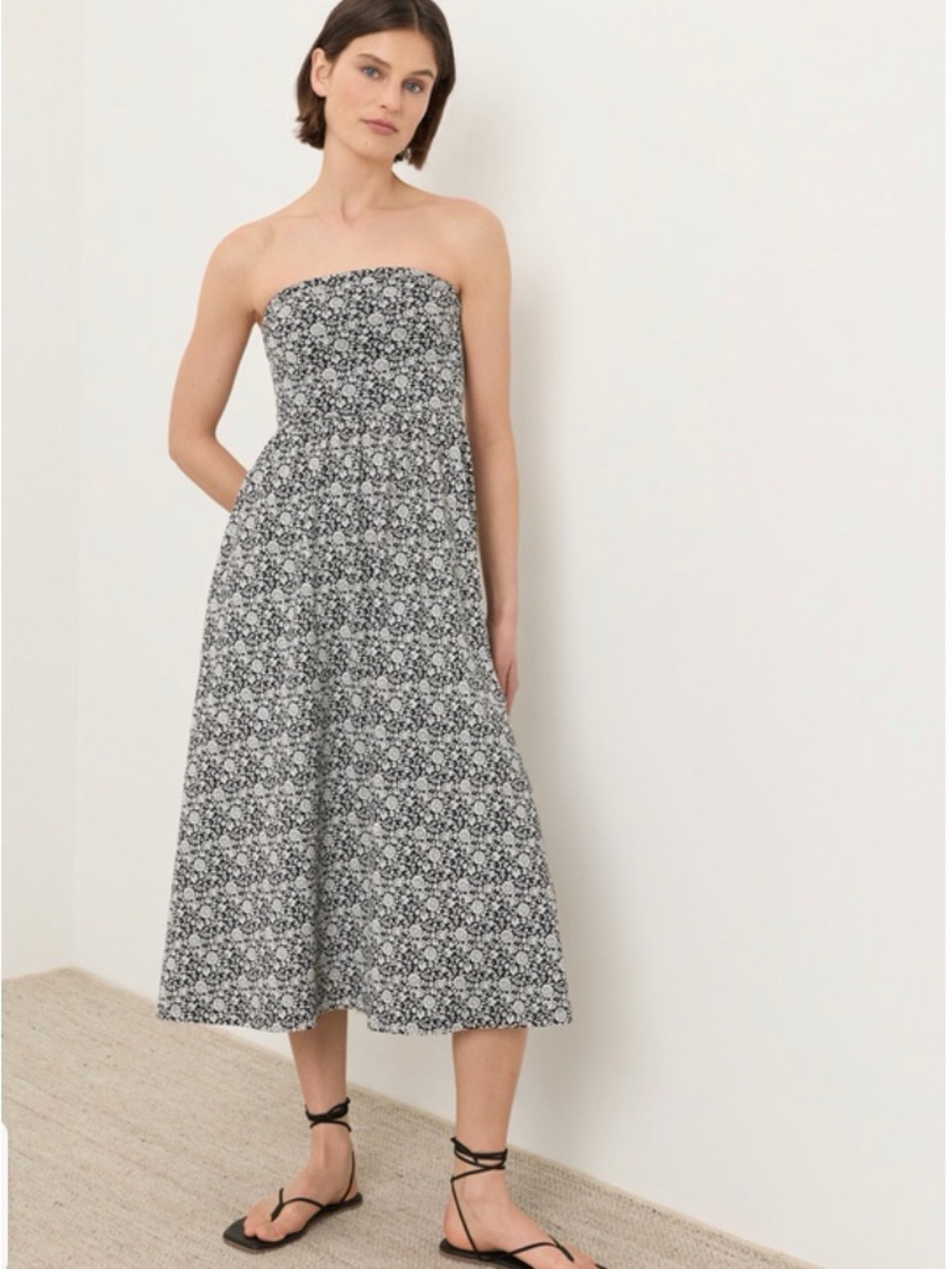 Pact Black & White Strapless Floral Midi Dress